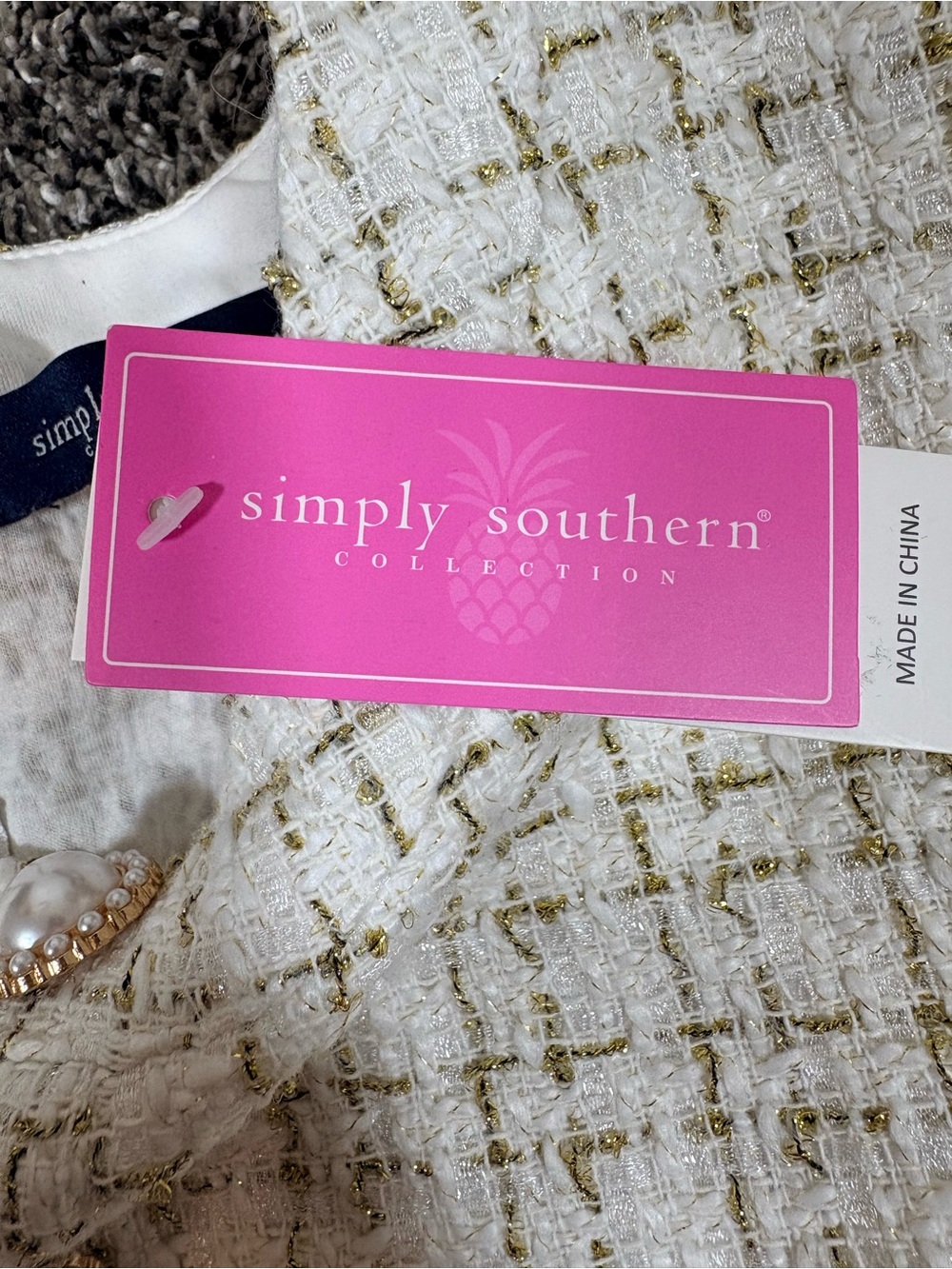 Simply Southern Cream Tweed Puff-Sleeve Scalloped Hem Mini Dress SzL - Picture 8 of 16